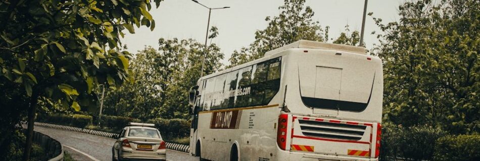 Vit buss och guldfärgad bil kör på asfalterad väg med träd vid sidan